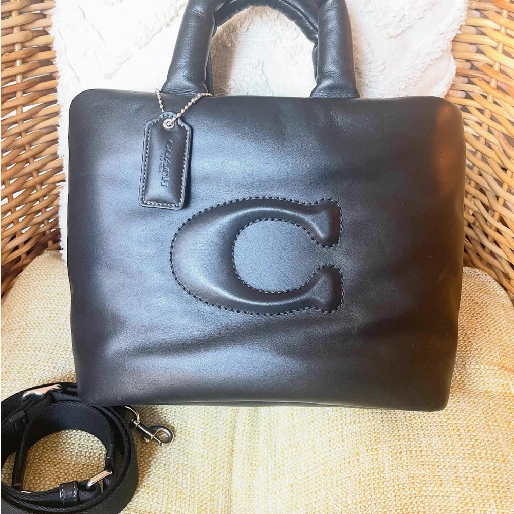 Coach Black Leather Pillow Small Tote Bag with Top Handle